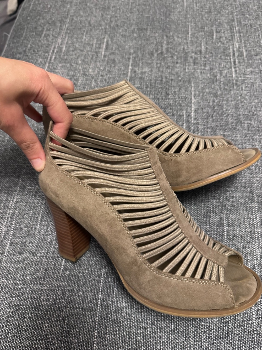 MIA Women's Taupe Strappy Peep-Toe Block Heel Shoes